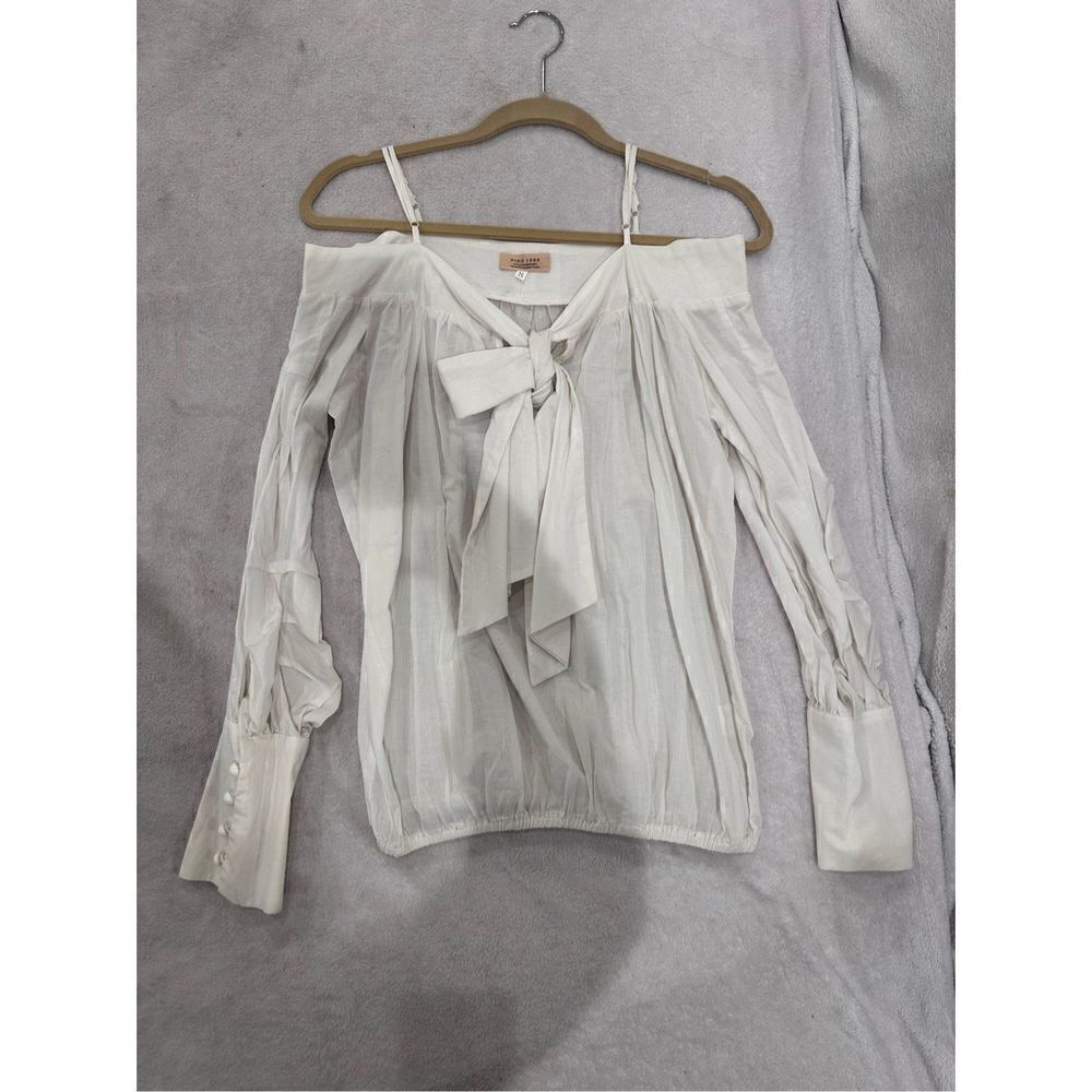 Women’s blouse white long sleeve open shoulder with bow size S piko1988